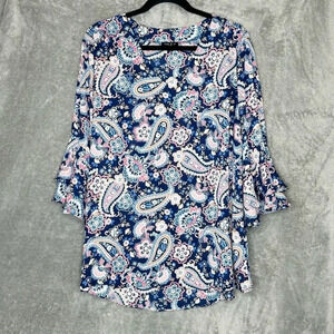 Sami & Jo 1X Shirt Top Blue Pink Paisley Bell 3/4 Sleeve V Neck High‎ Low Womens